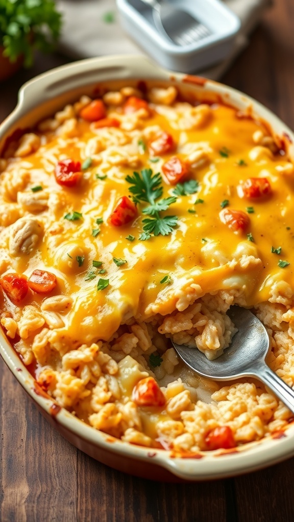 A hearty chicken and rice casserole with melted cheese, garnished with parsley, on a wooden table.